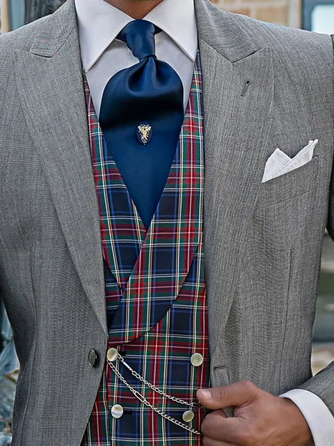 Waistcoat double-breasted shawl lapel pure silk in blue tartan