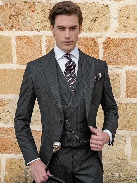 Modern black pinstripe morning suit, double-breasted waistcoat