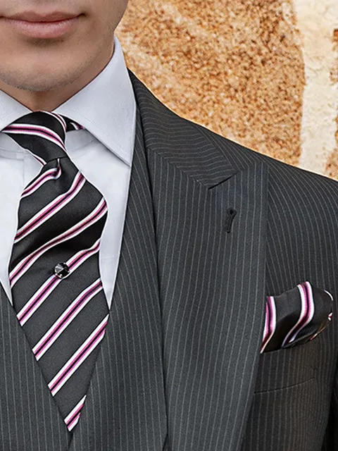Tie and Handkerchief in black and fuchsia striped silk