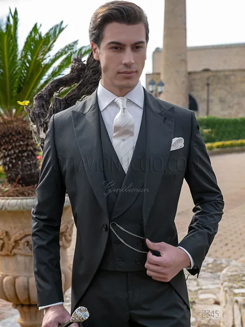 Men's modern black formal morning suit, double-breasted waistcoat