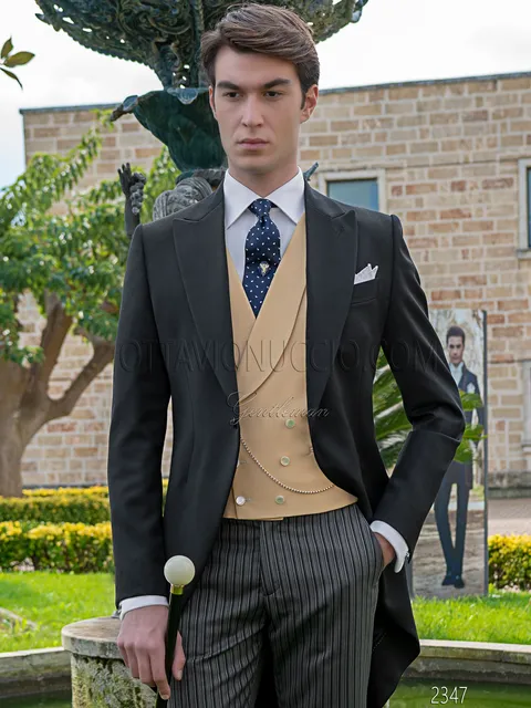 Classic black wool groom morning suit with beige double-breasted waistcoat
