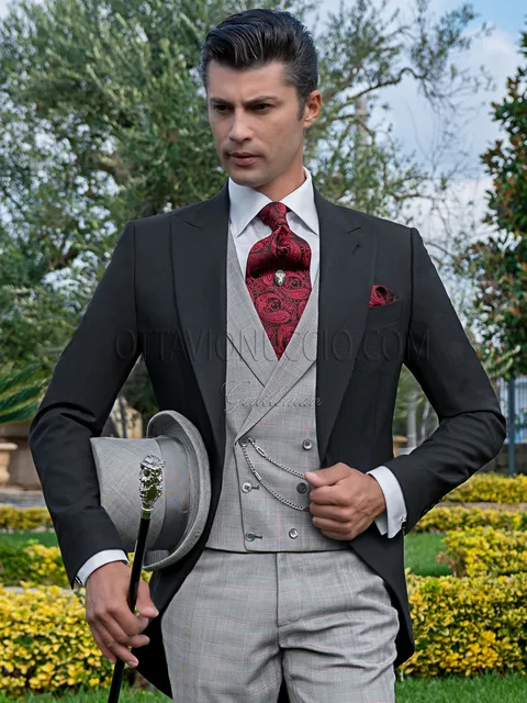 Men's black wool blend morning suit with Prince of Wales check trousers and waistcoat