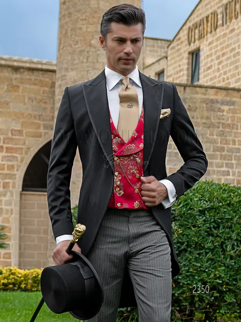 Men's classic black wool morning suit with red damask waistcoat