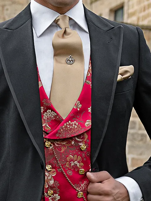 Shawl lapel waistcoat in red damask