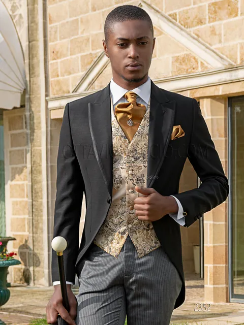 Black modern groom morning suit with gold patterned waistcoat
