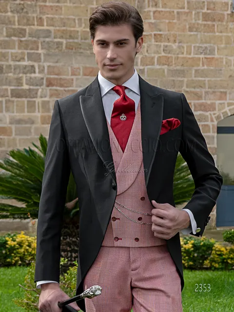 Black groom morning suit, red Prince of Wales check waistcoat and trousers