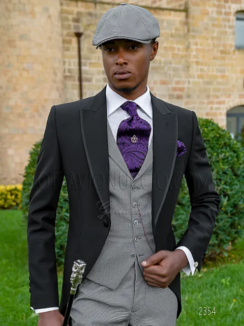 Black groom morning suit, houndstooth wool waistcoat and trousers