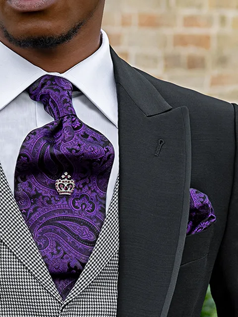 Cravat and Handkerchief in black paisley silk with dark purple