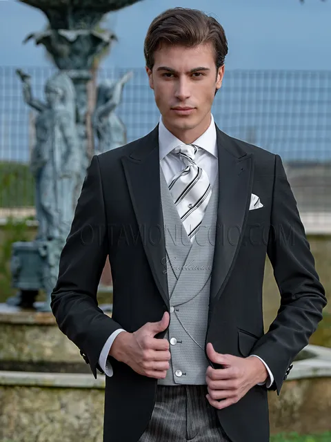 Black stroller suit, striped trousers and grey waistcoat