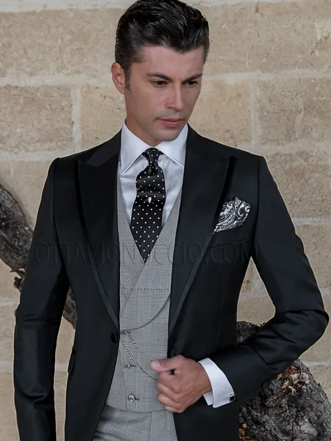 Men's black fashion formal suit, grey Prince of Wales check waistcoat and trousers