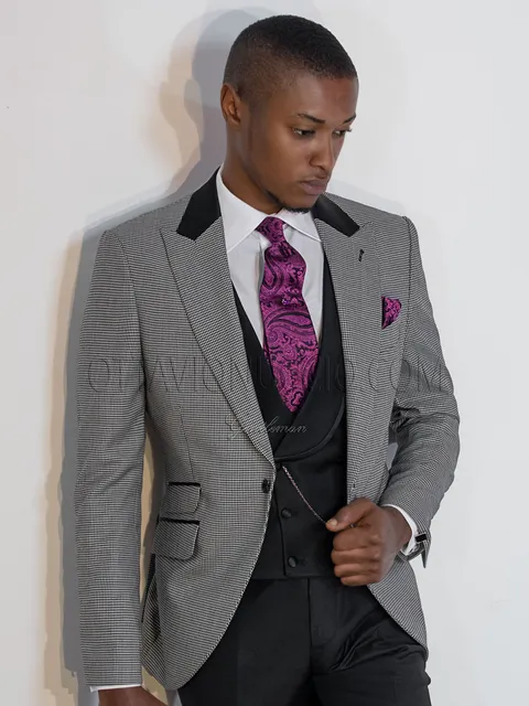 Men's fashion formal suit in houndstooth with black waistcoat and trousers