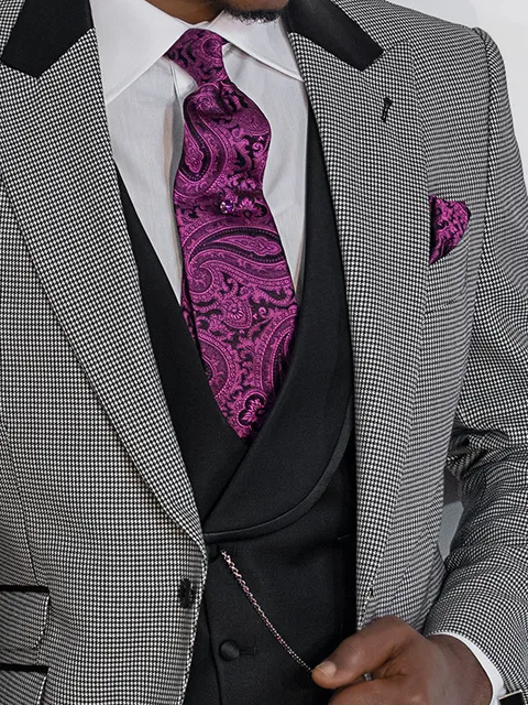 Double-breasted shawl lapel waistcoat in black with piping