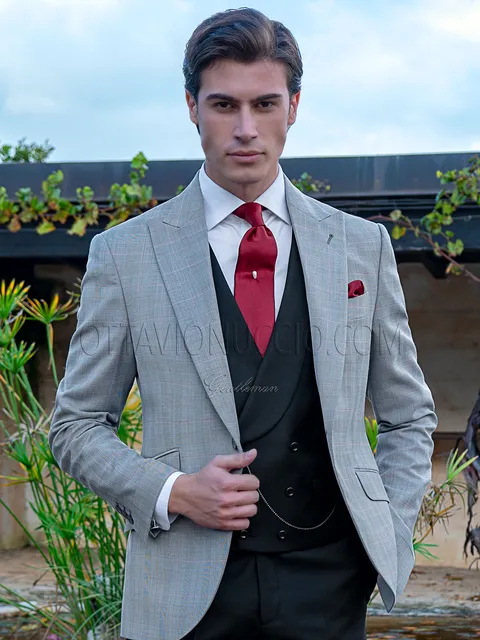 Men's elegant suit in grey Prince of Wales check with waistcoat and black trousers