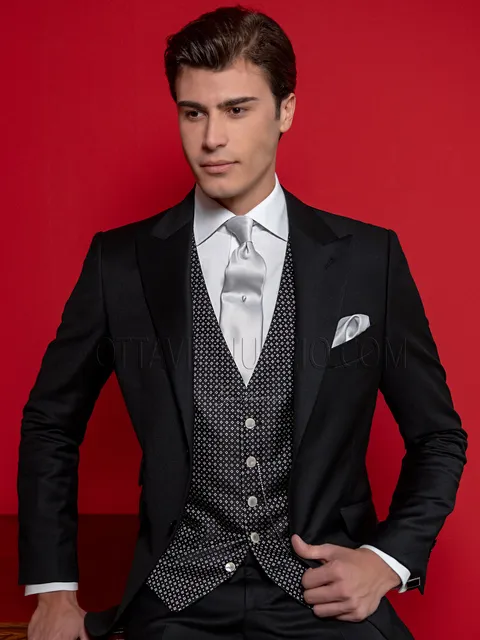 Men's formal suit in black pure wool, micro-patterned silk waistcoat
