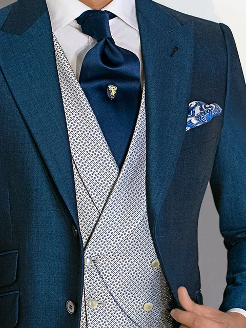 Waistcoat double-breasted shawl lapel silk pearl grey with royal blue motifs