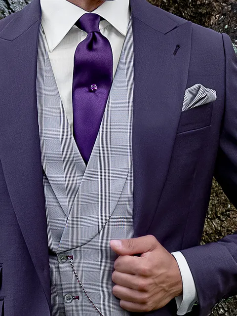 Waistcoat double-breasted shawl lapel pure silk Prince of Wales check plum