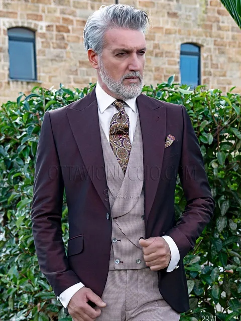 Men's burgundy formal jacket with Prince of Wales check waistcoat and trousers