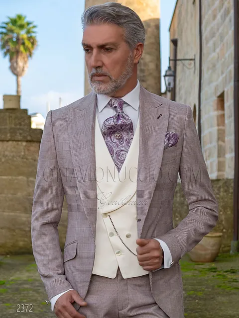 Modern groom suit in burgundy Prince of Wales check