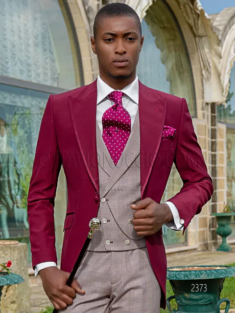 Modern fuchsia demi-morning groom suit, Prince of Wales check waistcoat and trousers
