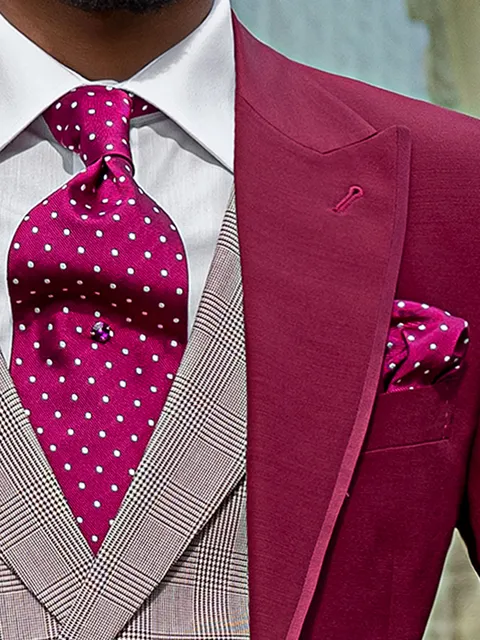 Fuchsia silk cravat and handkerchief with white polka dot