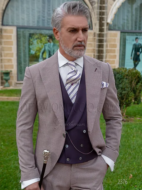 Modern fashion morning suit in burgundy houndstooth