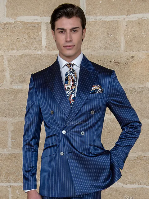 Men's double-breasted formal suit in blue pinstripe wool and viscose