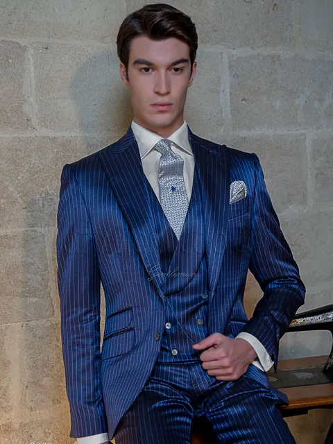 Men's formal suit in blue pinstripe wool and viscose