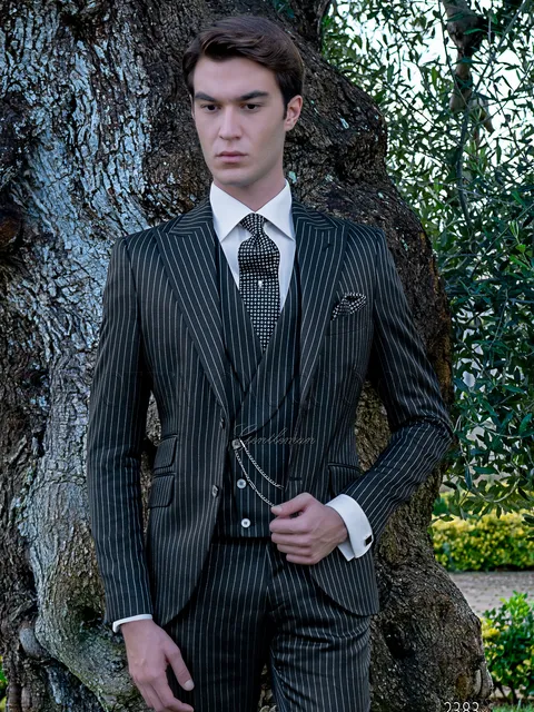 Men's formal suit in black pinstripe wool and viscose