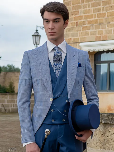 Modern morning groom suit in blue Prince of Wales check