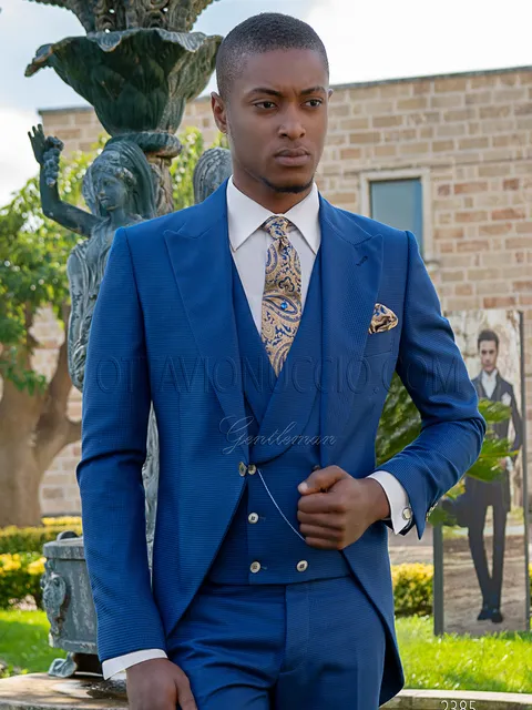 Modern groom morning suit in blue houndstooth
