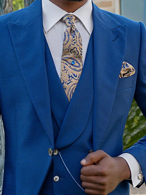 Double-breasted shawl waistcoat in blue houndstooth
