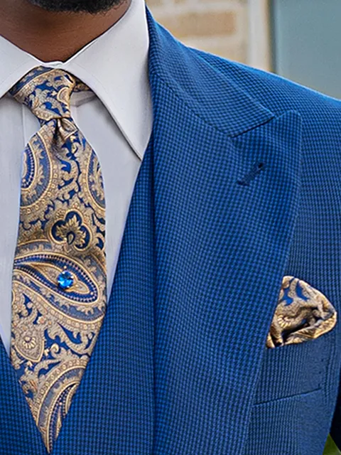 Tie and Handkerchief in royal blue paisley silk with gold
