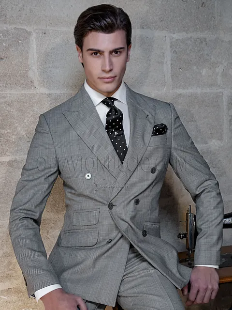 Men's vintage double-breasted suit in grey Prince of Wales check