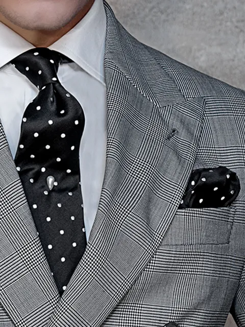 Tie and Handkerchief in black silk with white polka dots