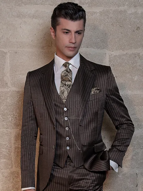 Men's formal suit in brown pinstripe wool and viscose
