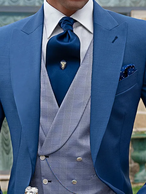 Waistcoat double-breasted shawl lapel pure silk Prince of Wales check royal blue