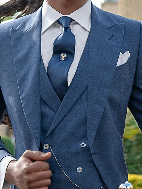 Double-breasted waistcoat with lapel in royal blue Prince of Wales check