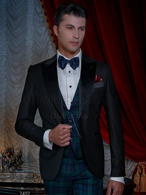 Men's peak lapel tuxedo, tartan trousers and waistcoat