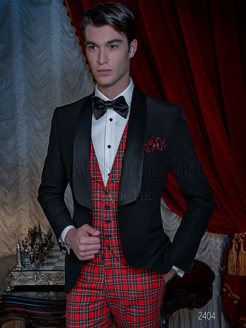 Men's shawl lapel tuxedo, red tartan trousers and waistcoat