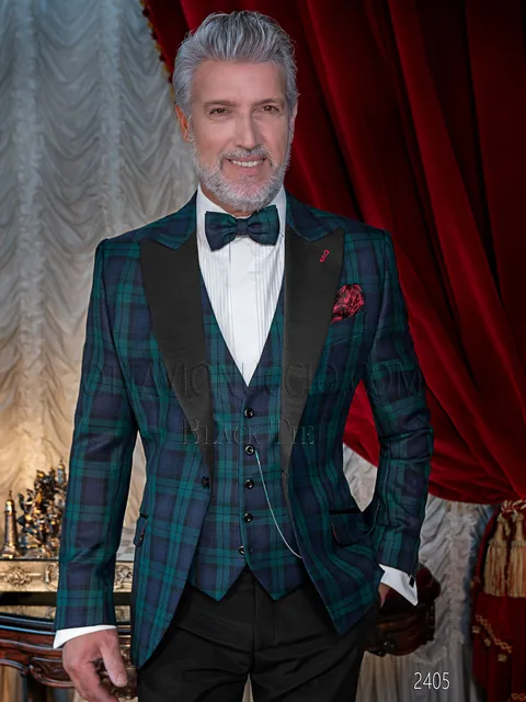 Men's blue and green tartan tuxedo, black satin peak lapel