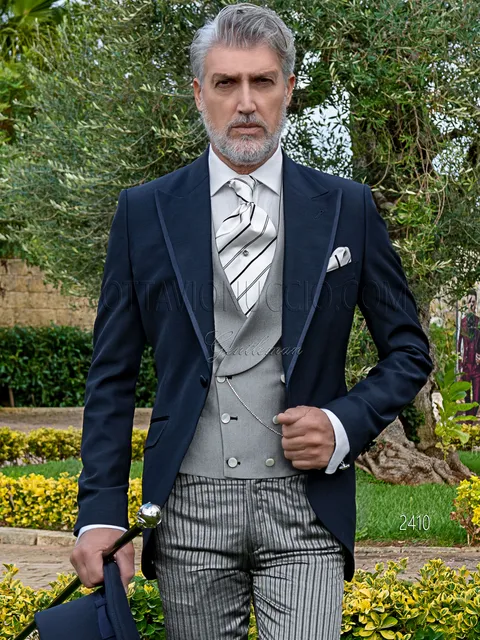 Modern blue half morning suit for groom, striped trousers