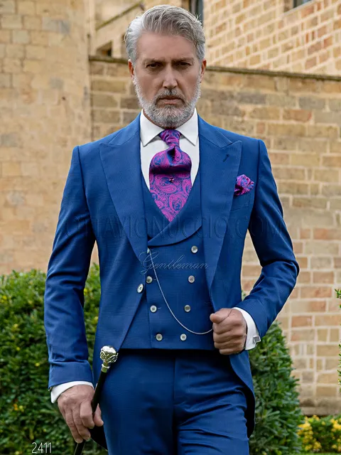 Modern groom morning suit in royal blue Prince of Wales check