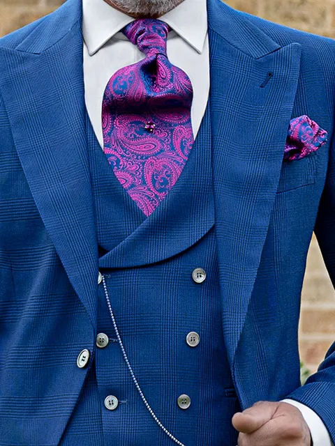 Double-breasted waistcoat in blue Prince of Wales check