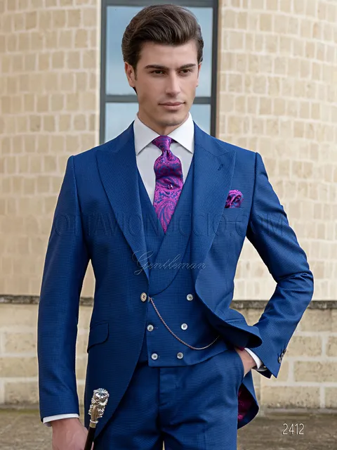 Modern royal blue houndstooth groom suit