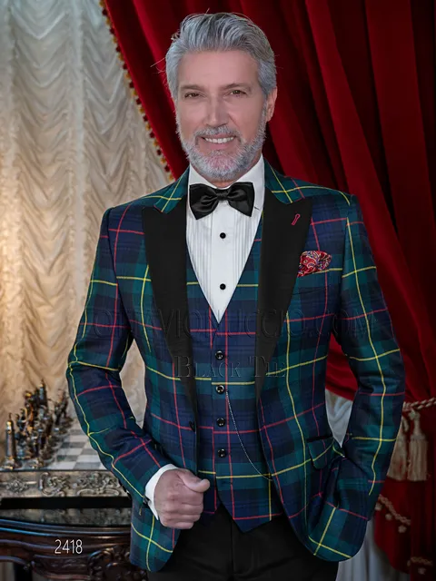 Men's blue and green tartan tuxedo with peak lapel
