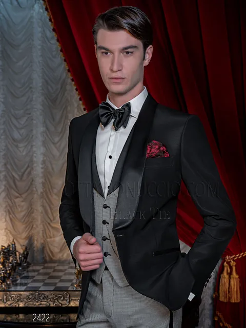 Men's black shawl lapel tuxedo suit with houndstooth waistcoat and trousers
