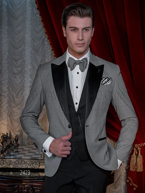 Men's houndstooth gala tuxedo, black waistcoat and trousers