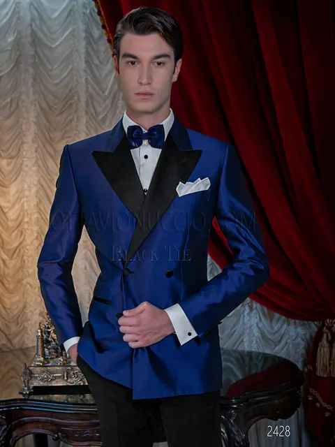 Men's electric blue shantung double-breasted gala tuxedo