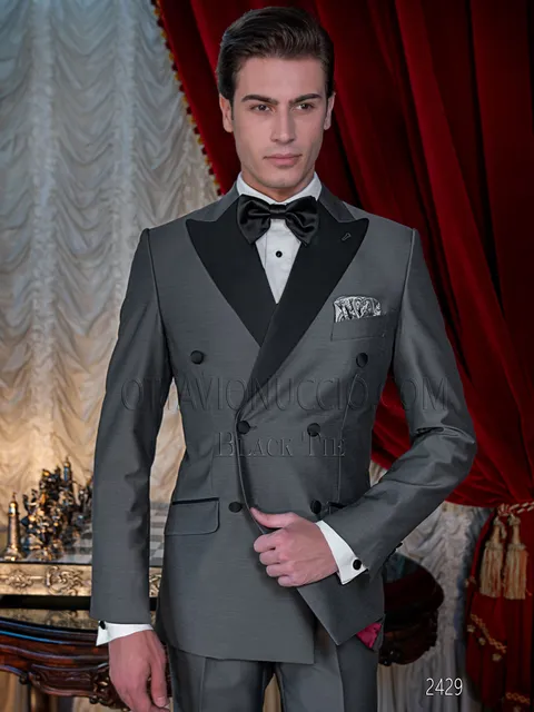 Men's double-breasted tuxedo for gala events in grey shantung