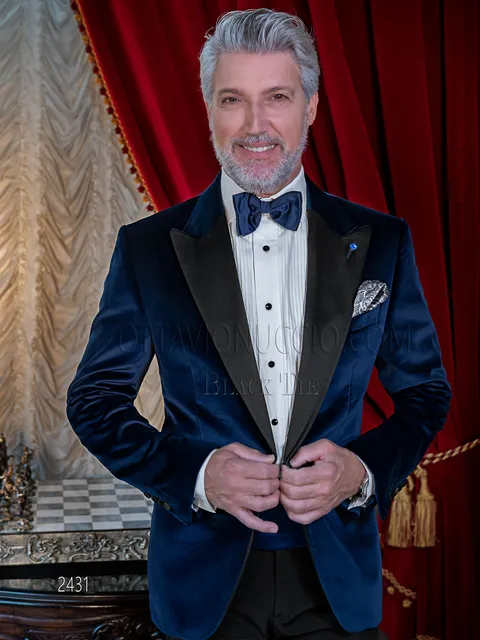 Men's blue velvet red carpet tuxedo for evening occasions